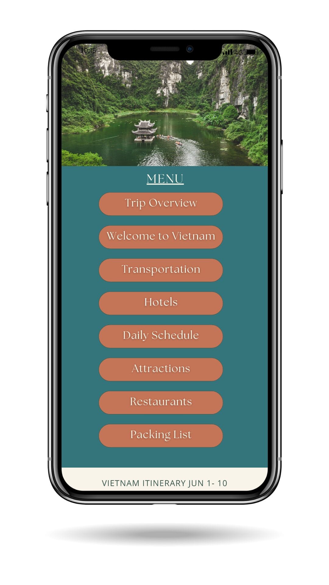 Full trip planning package menu showing daily schedule, attractions, and packing list options