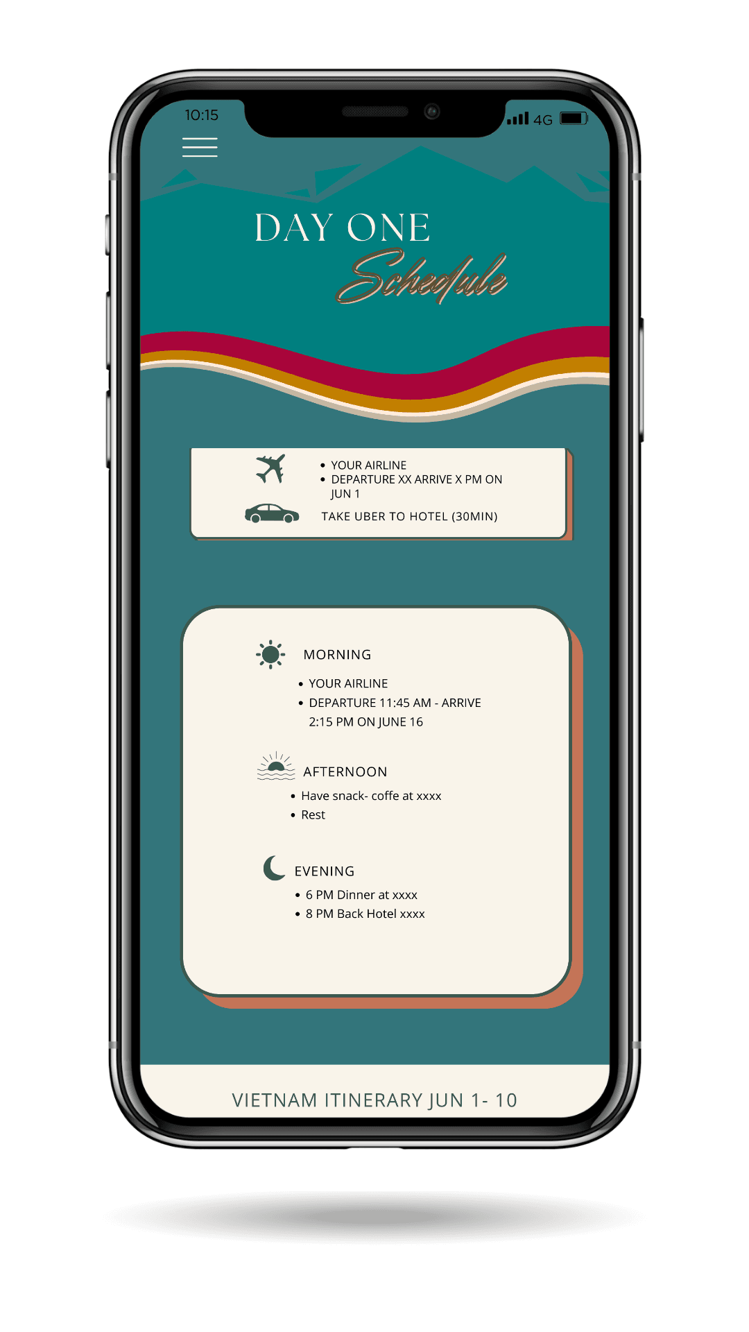 Sample daily itinerary with morning, afternoon, and evening activity blocks