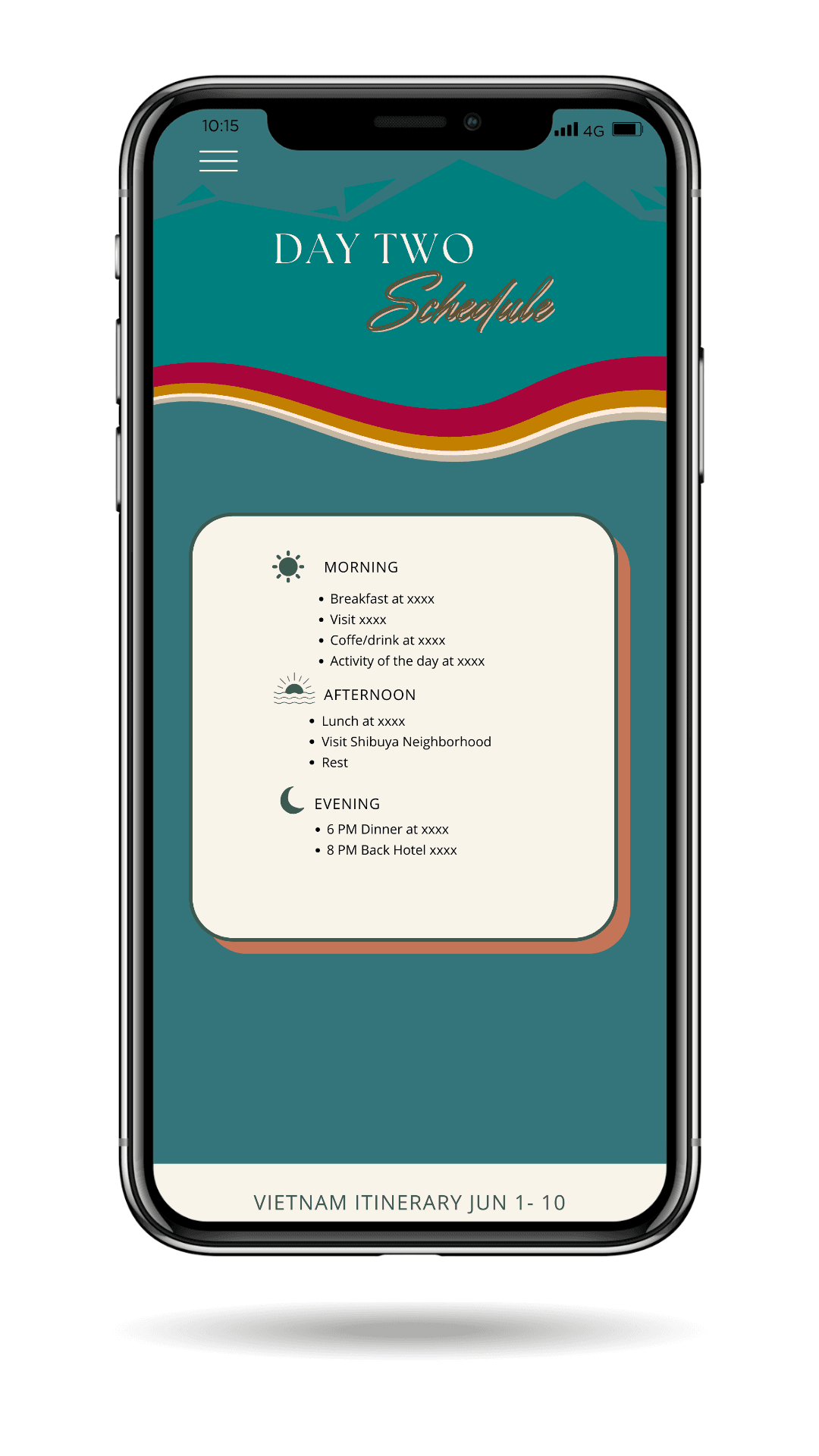 Sample daily itinerary with morning, afternoon, and evening segments