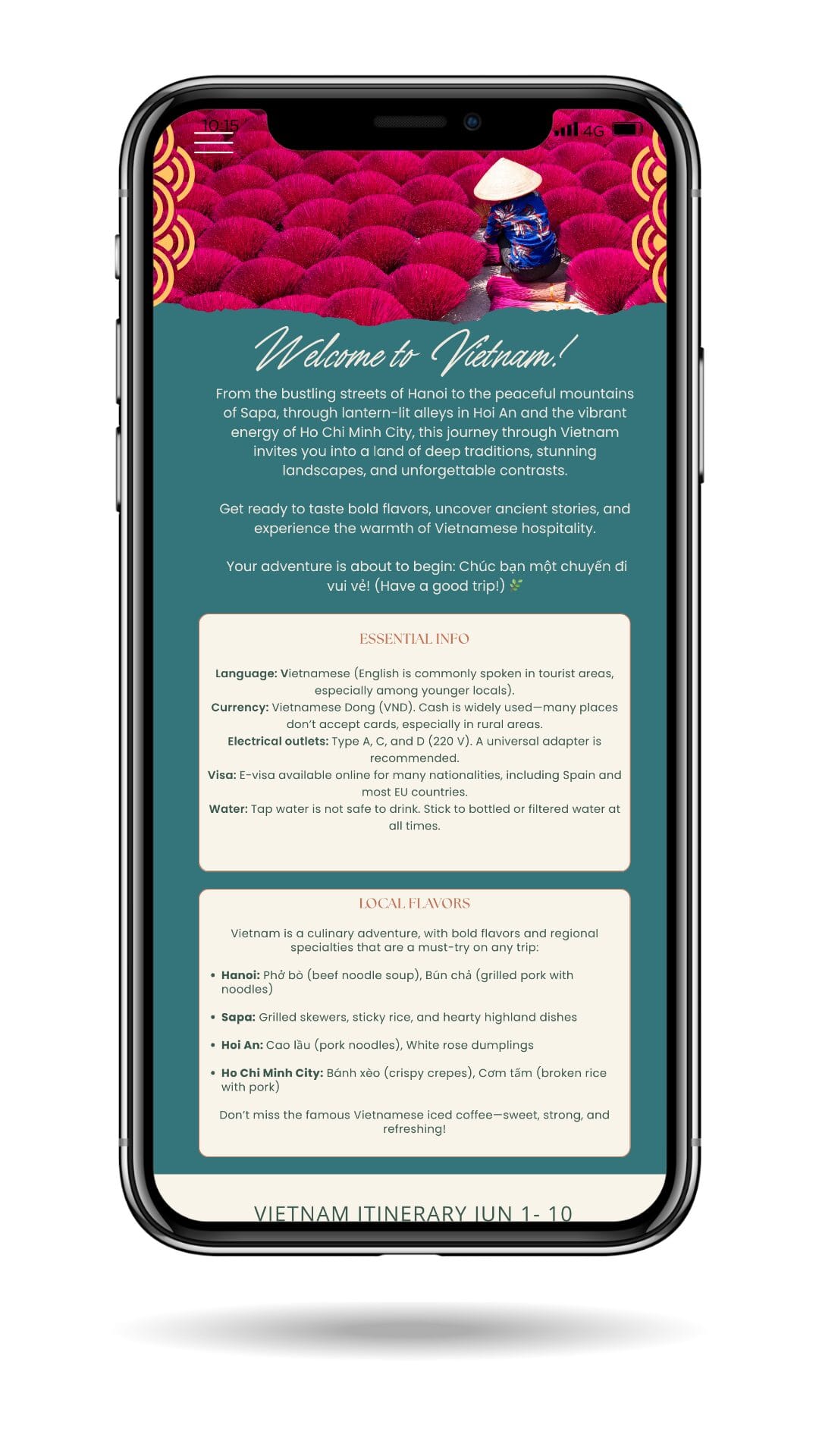 Origins custom trip plan welcome screen with Vietnam travel tips, language, and food highlights