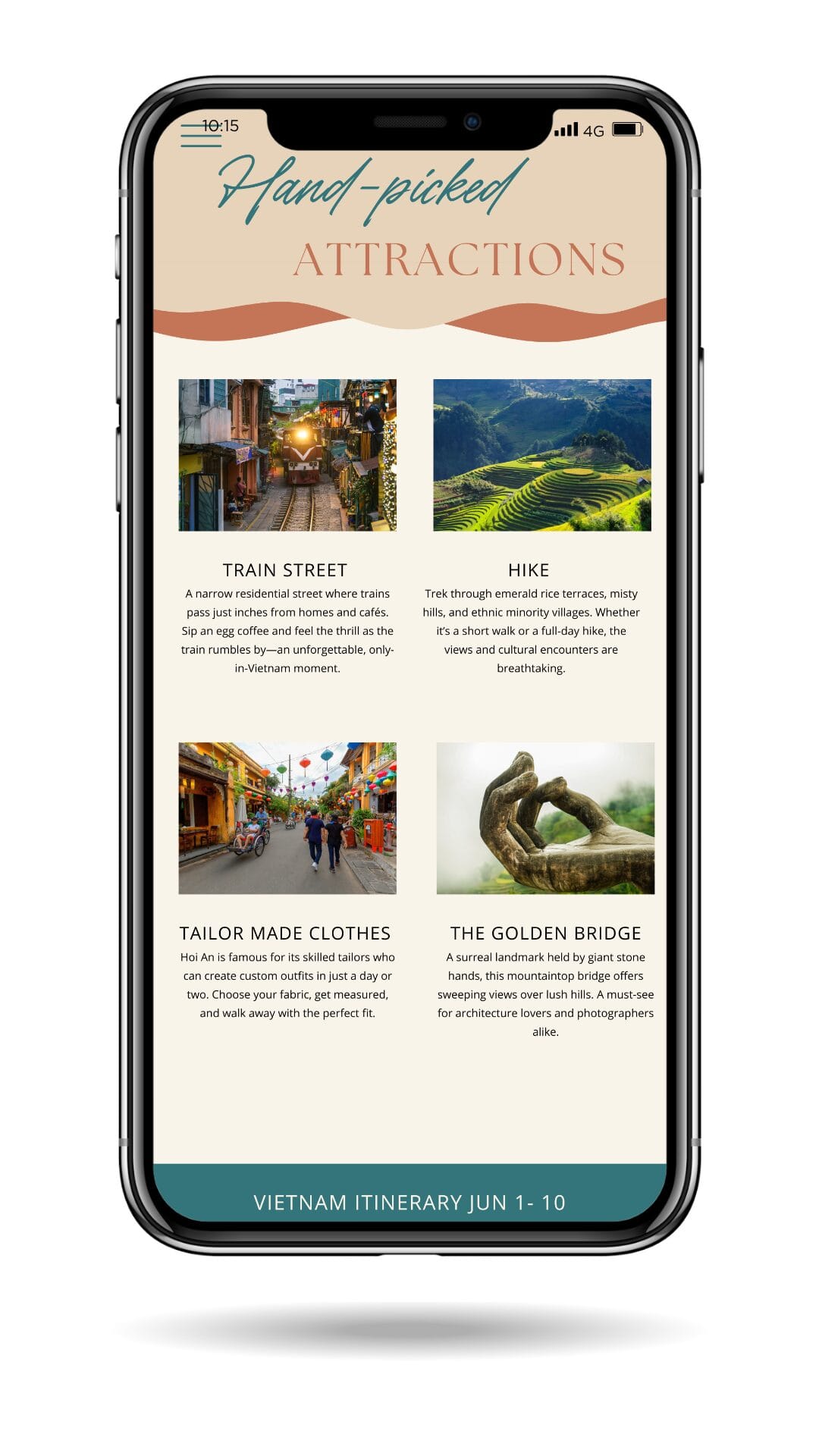 Curated visuals of iconic Vietnamese attractions like Train Street, terraced hills, and the Golden Bridge