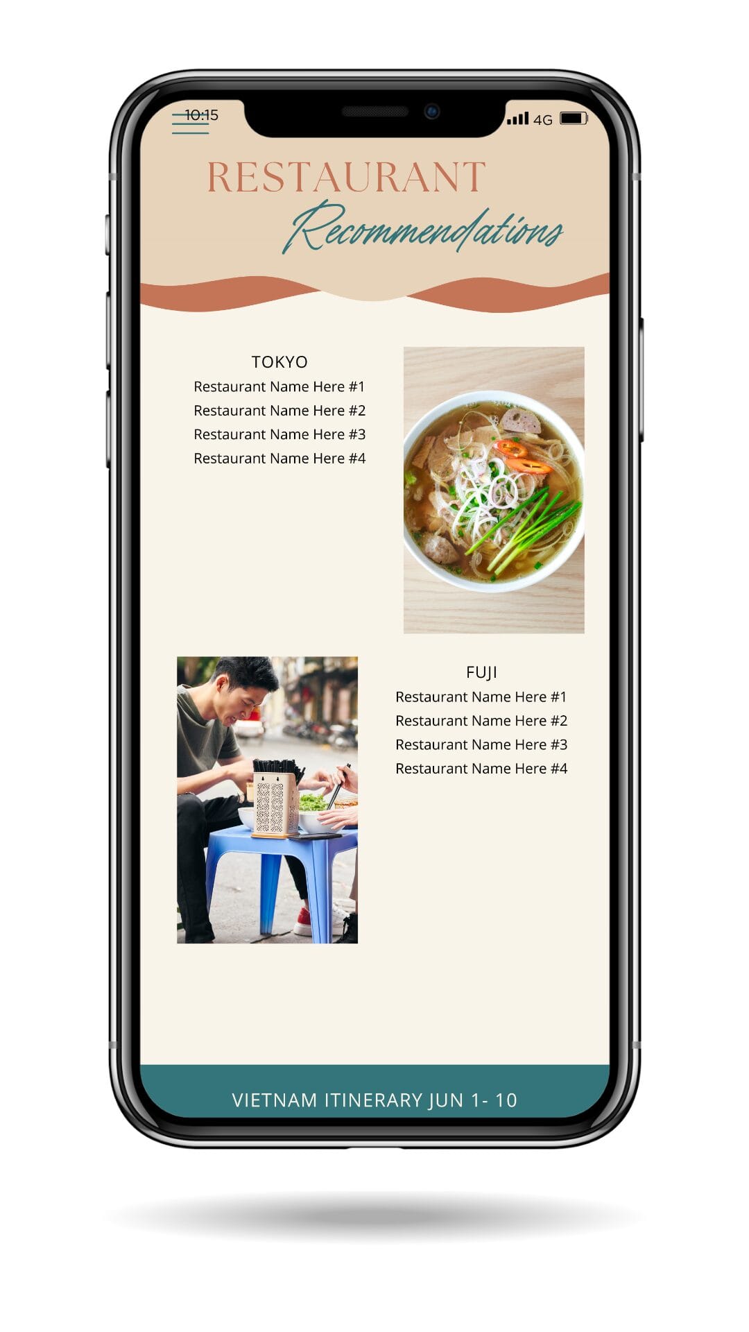 Personalized restaurant list with local food imagery and region-based suggestions