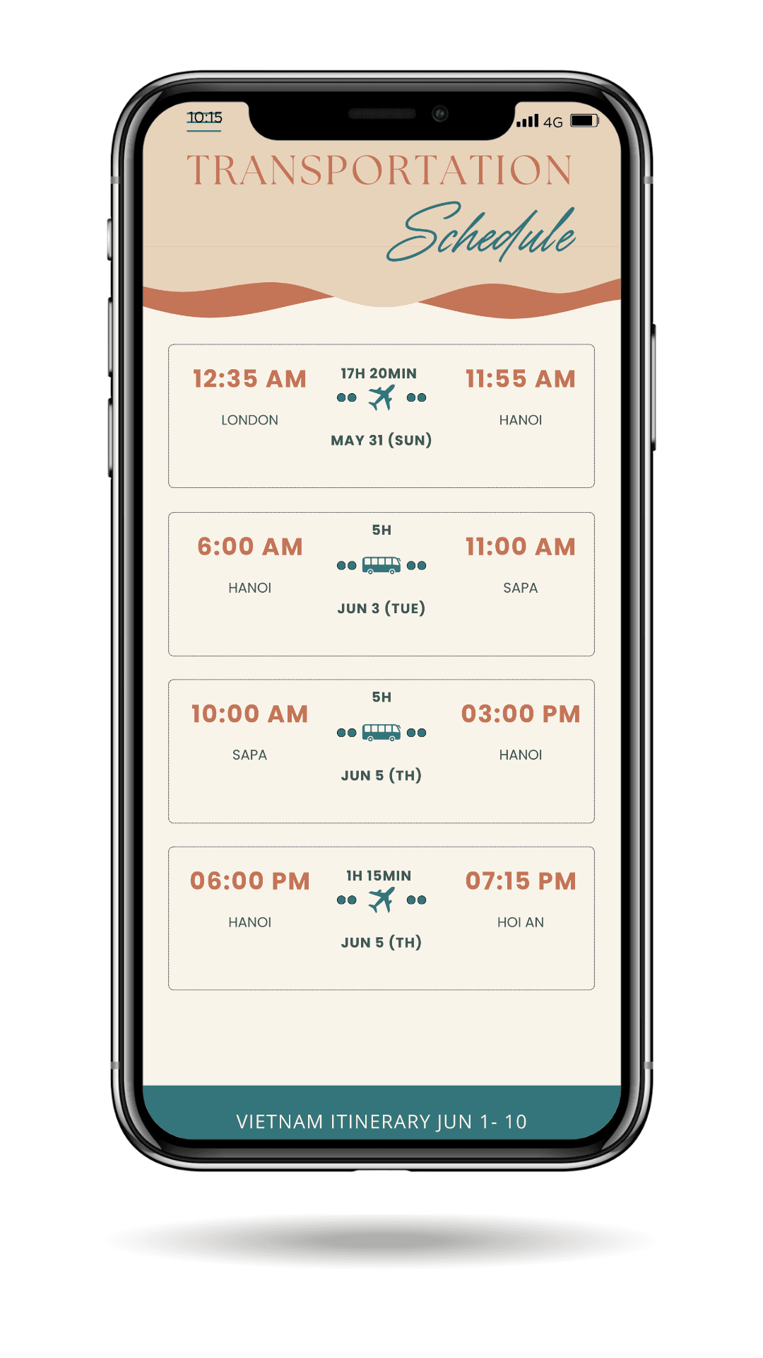 Visual transportation timeline showing flights and bus transfers for Vietnam itinerary