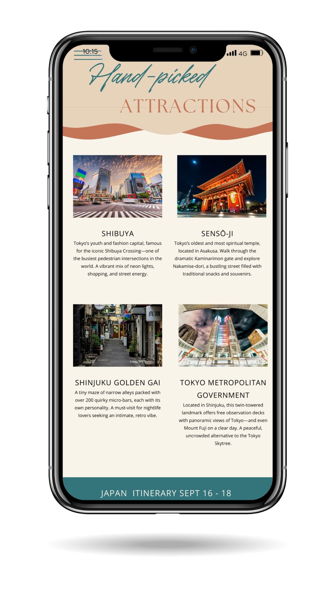 Mobile view of top attractions in Tokyo with photos and descriptions