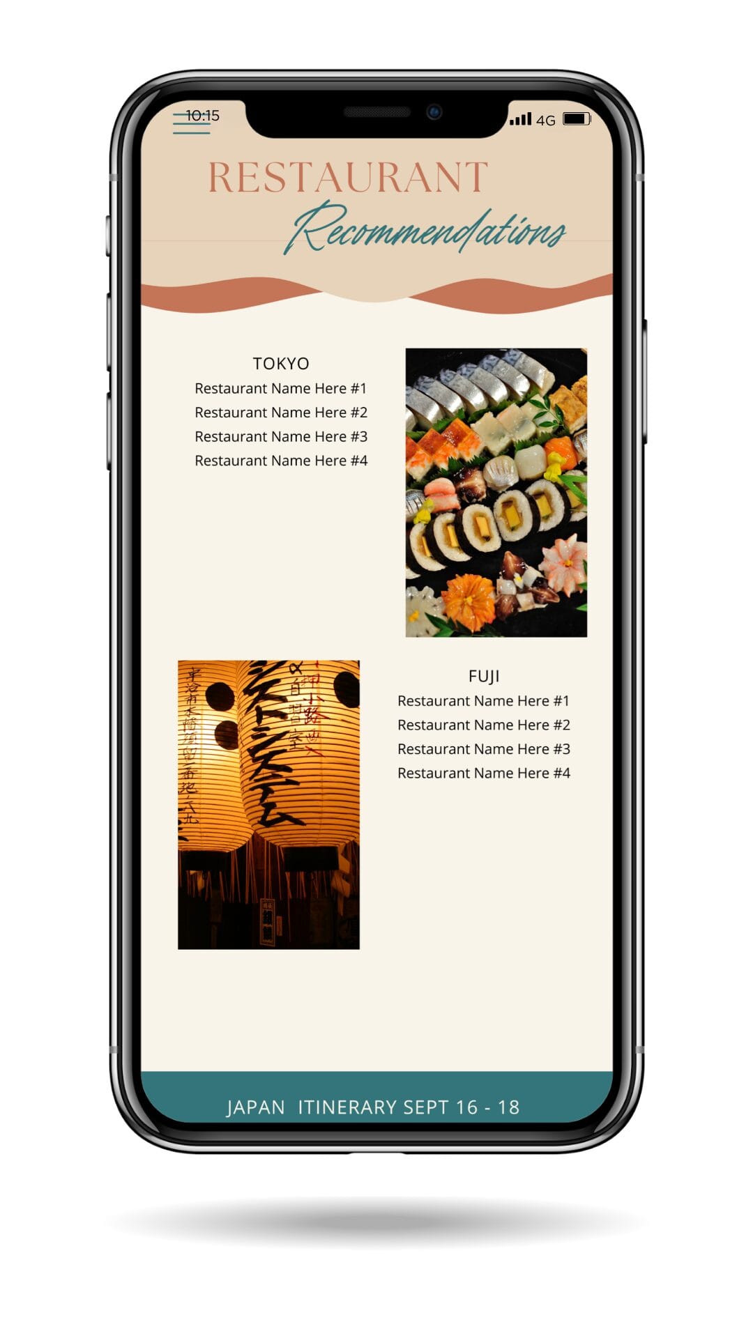 Mobile itinerary screen with sushi and lantern photos and restaurant names