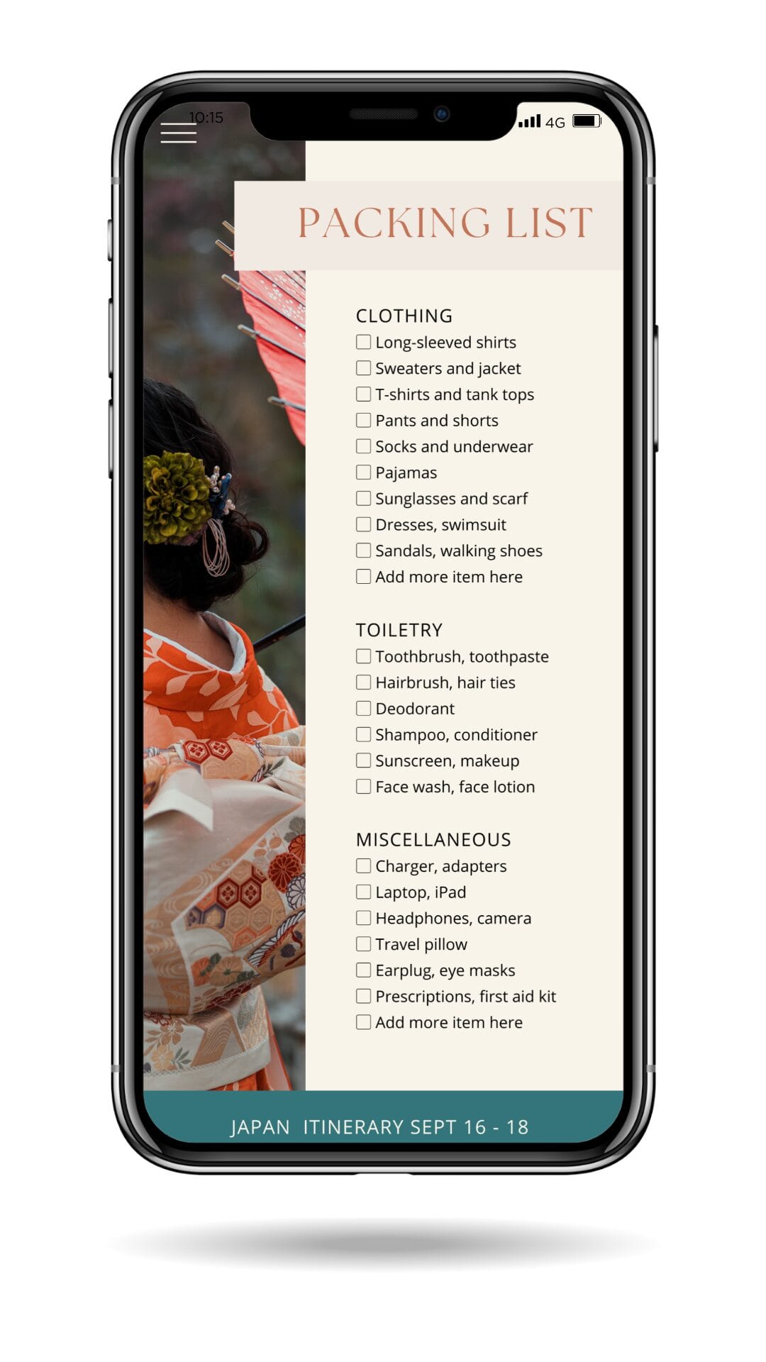 Screenshot of a personalized travel packing checklist for a weekend getaway