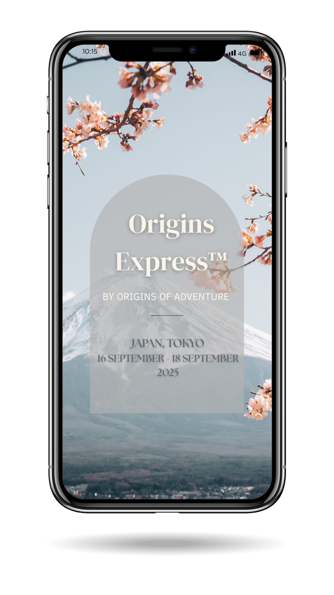 Cover screen of Origins Express™ digital itinerary with Mount Fuji