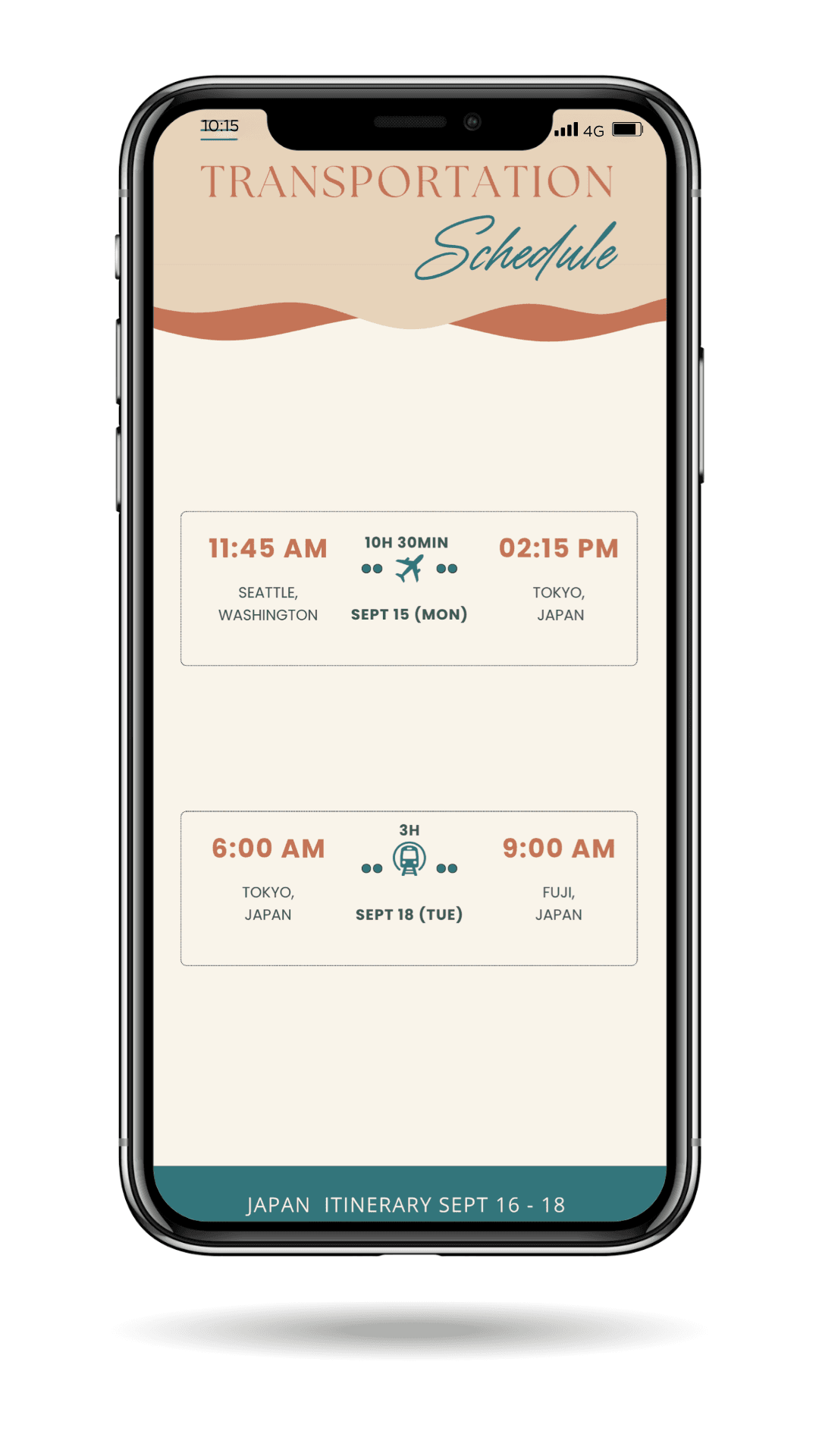 Visual schedule of travel times from Seattle to Japan