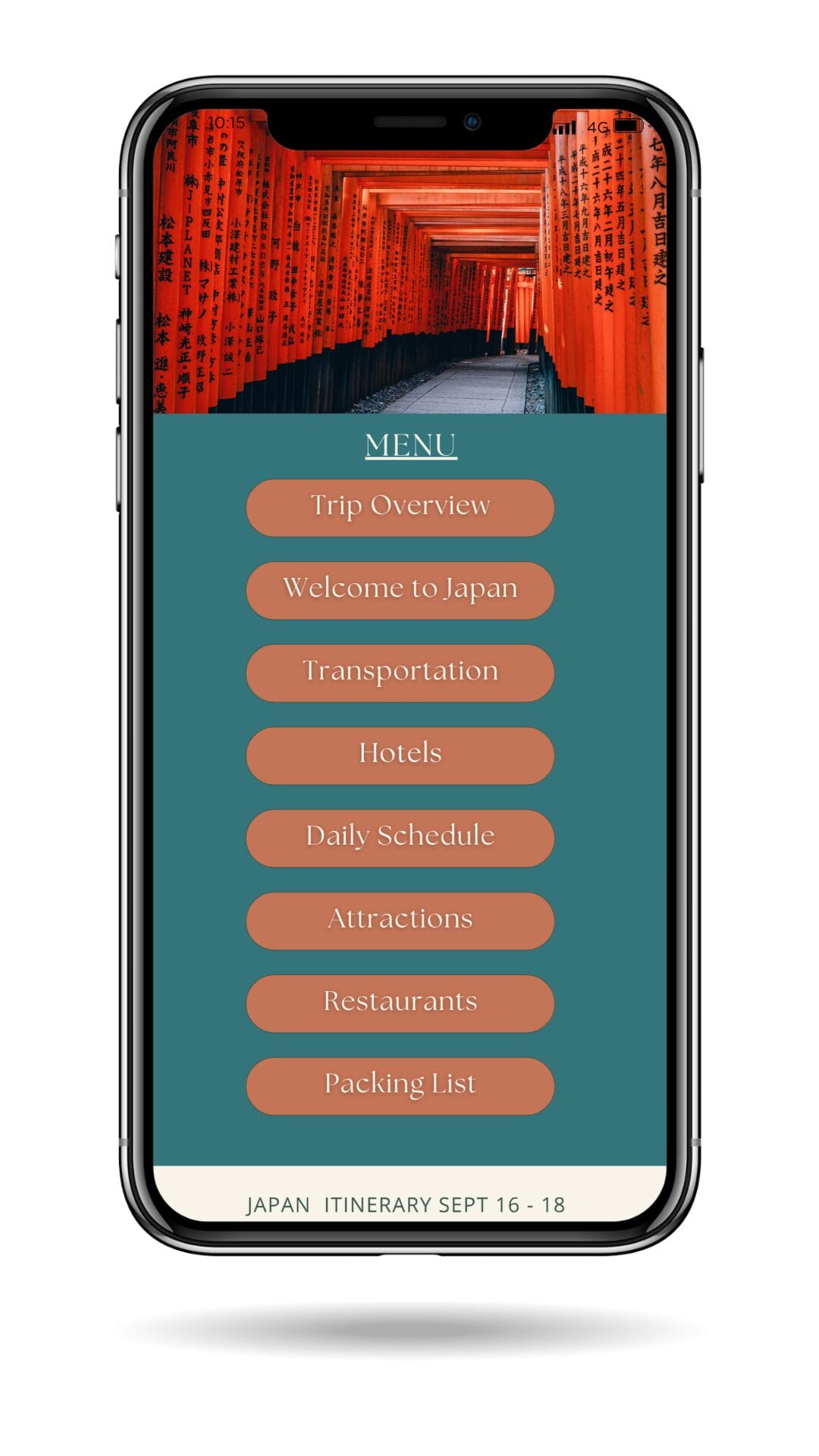 Interactive menu screen of a digital itinerary with section buttons