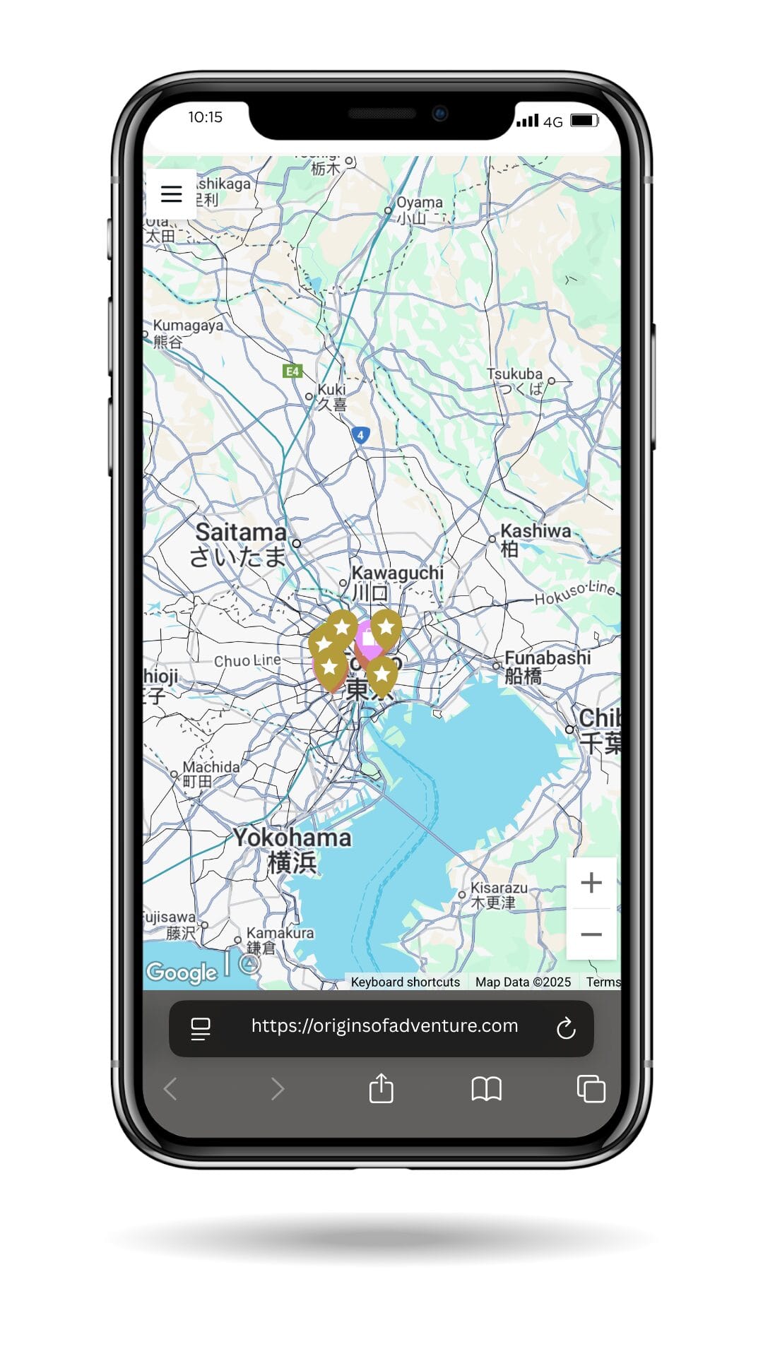 Zoomed-out travel map of Tokyo showing custom pins across multiple neighborhoods