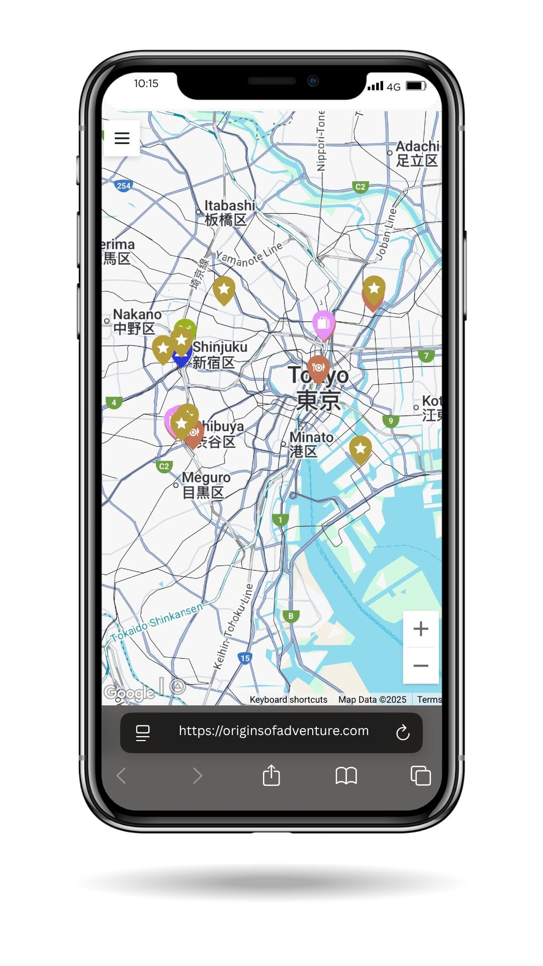 Zoomed-in travel map of central Tokyo showing detailed pin placement