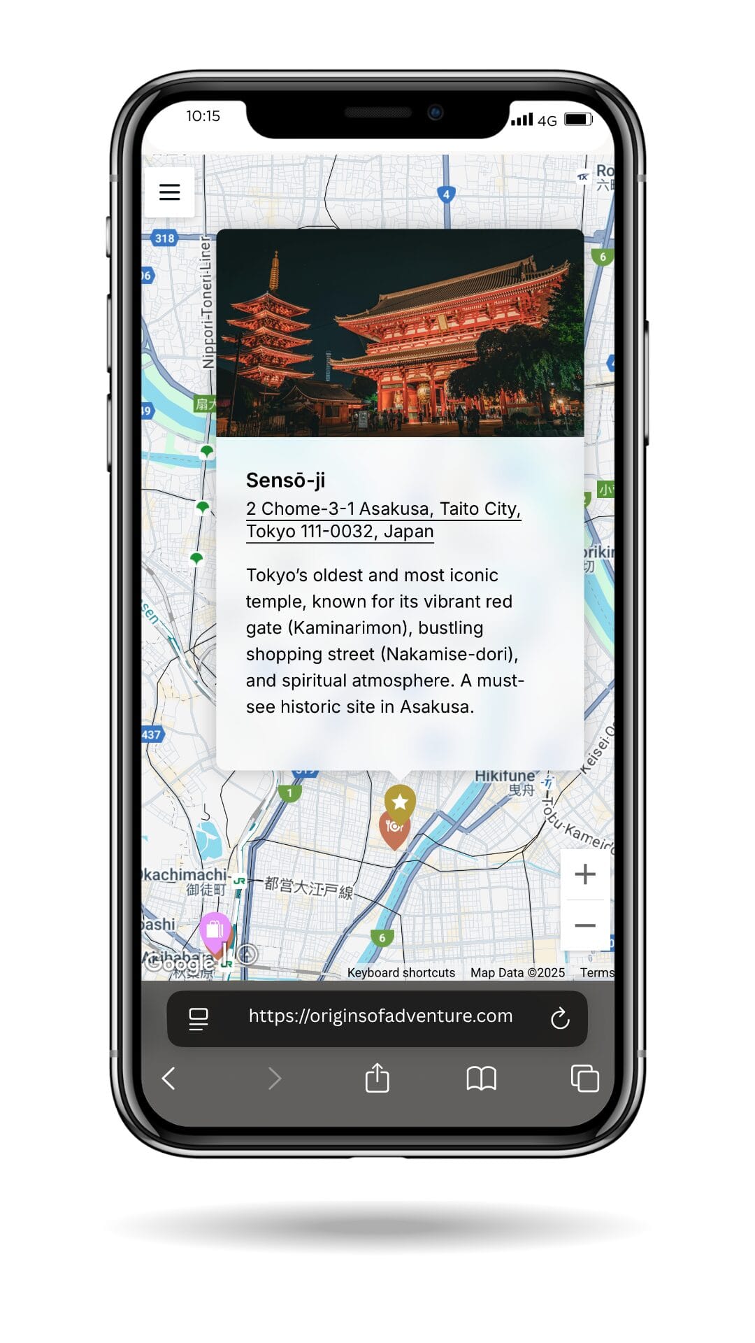 Travel map of Japan with one custom pin selected, displaying photo and trip details on iPhone