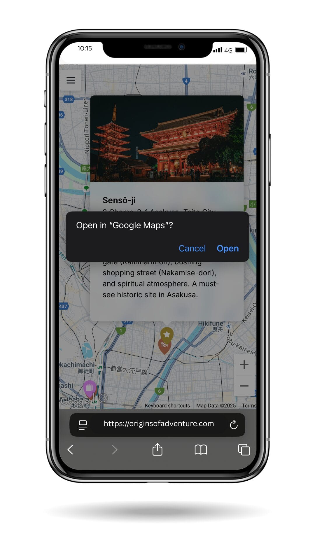Prompt to open a travel pin in Google Maps from Origins Local Lens™