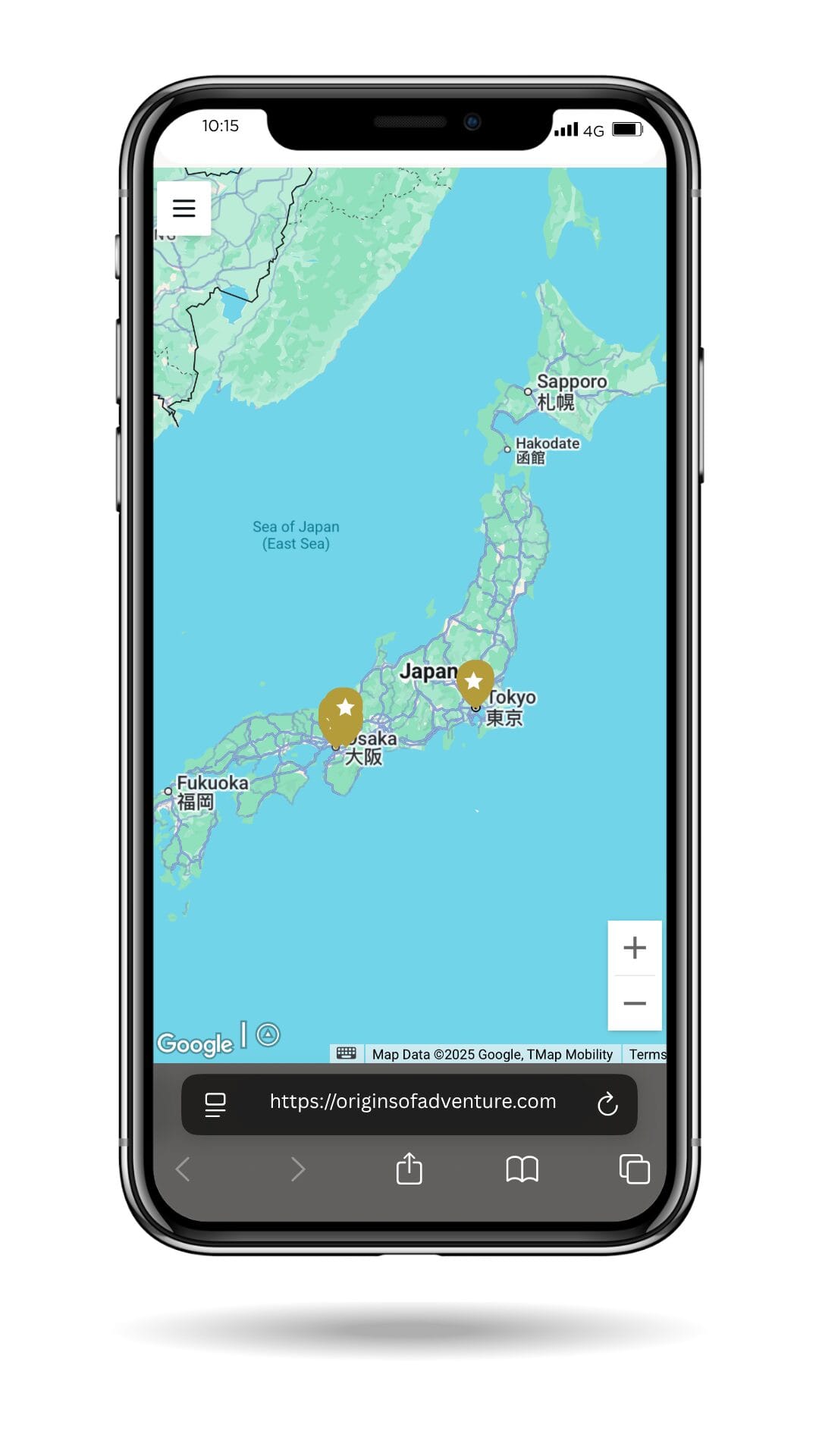 Wide view travel map of Japan showing pin clusters in Kyoto and Tokyo