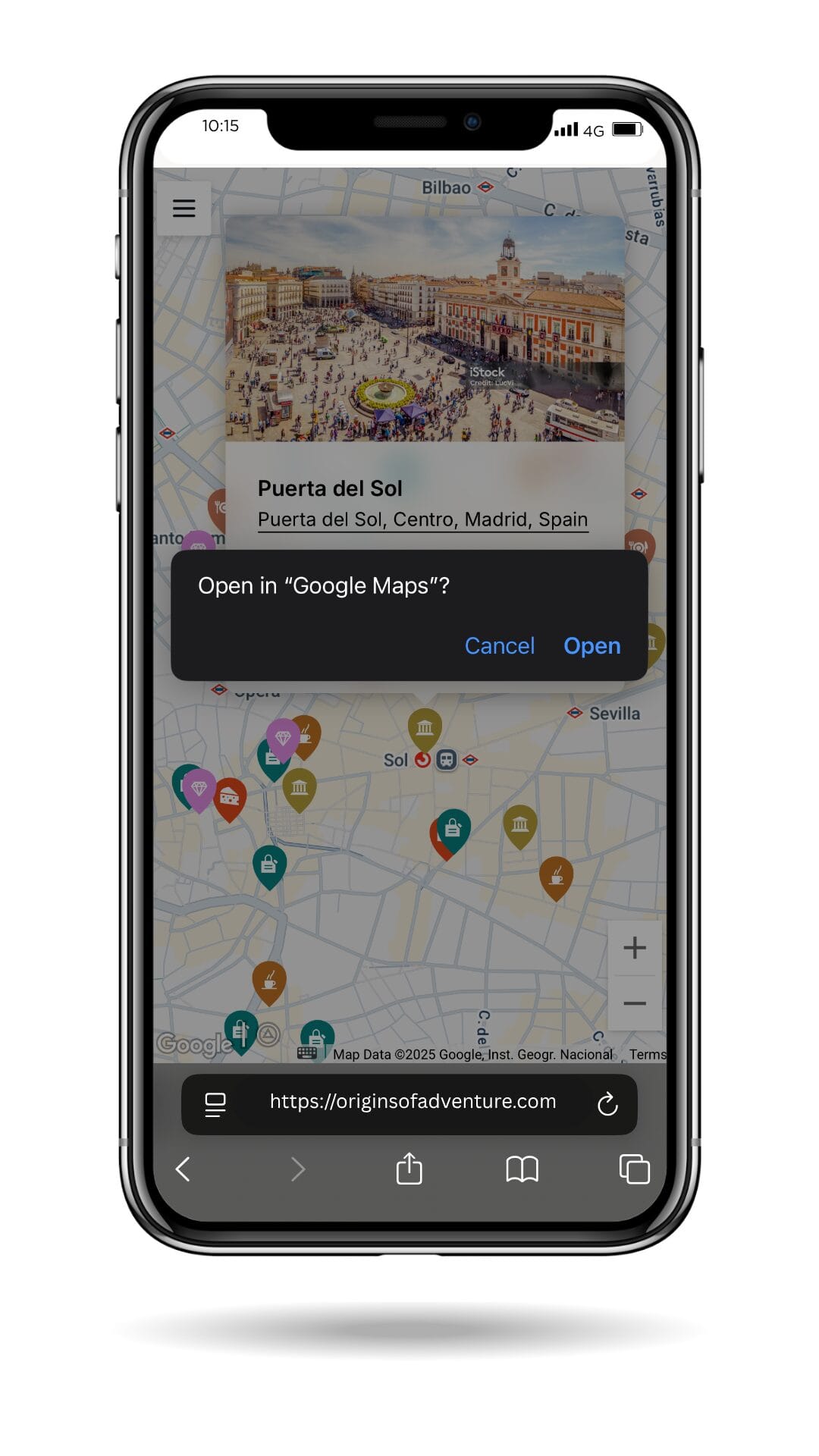 Button to open selected travel map pin in Google Maps