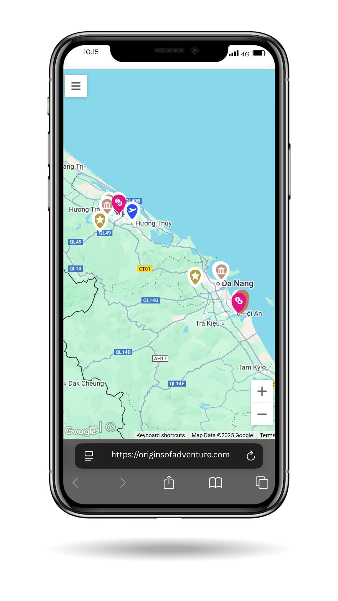 Close-up of a custom travel itinerary map for Da Nang and Hội An in Vietnam, shown on a mobile device