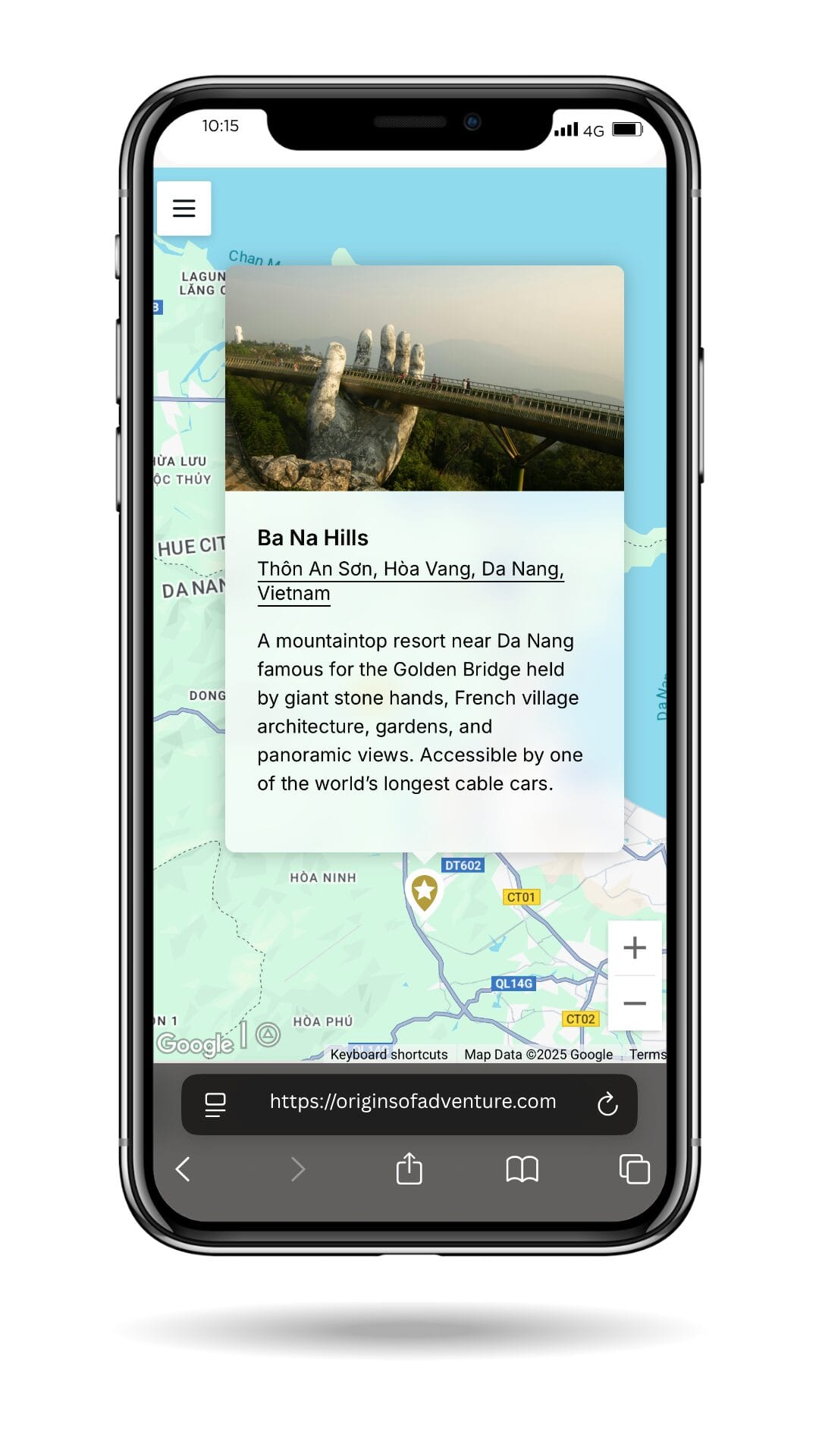 Mobile screenshot of a detailed location card for Ba Na Hills in Vietnam, part of a custom travel itinerary from Origins of Adventure