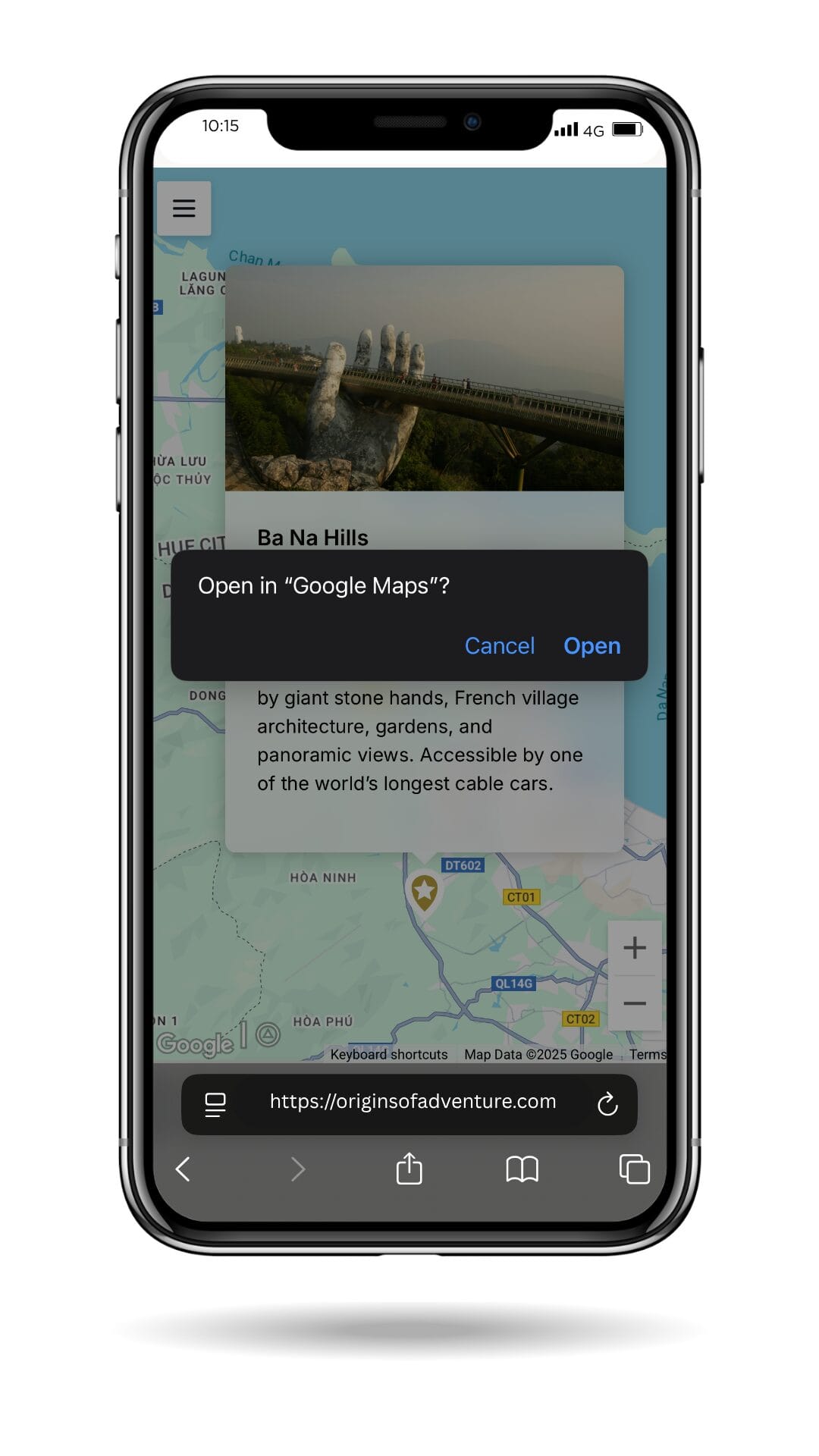 Mobile screenshot of an interactive travel map showing Ba Na Hills in Vietnam with a Google Maps prompt, part of a custom itinerary experience