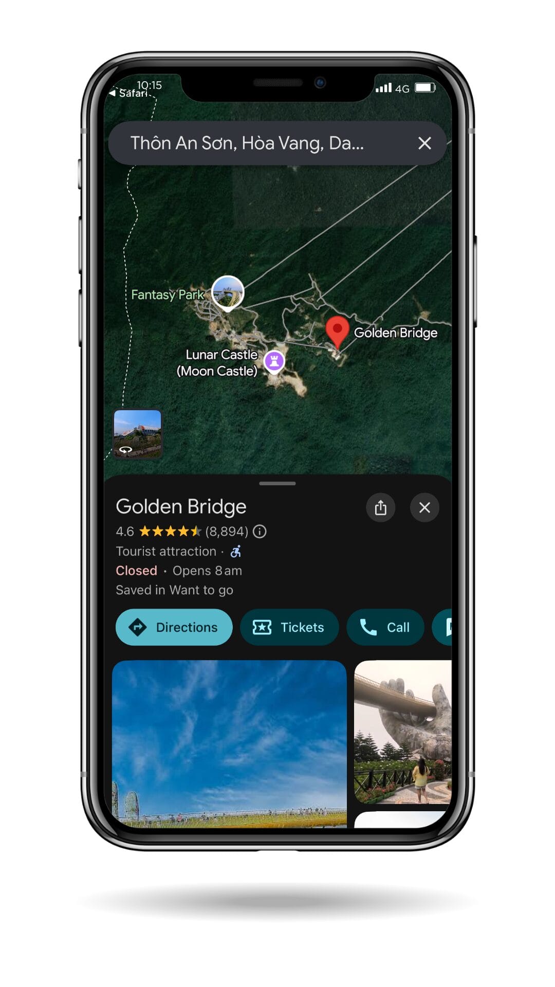 Mobile screenshot of Google Maps showing Golden Bridge in Da Nang, Vietnam, with location details and directions options, opened from a custom travel itinerary map