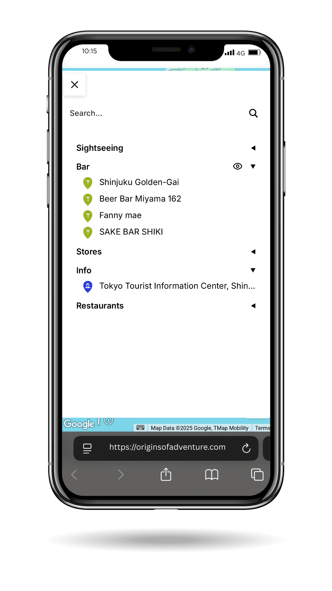 Mobile travel map with visible pin categories and location list