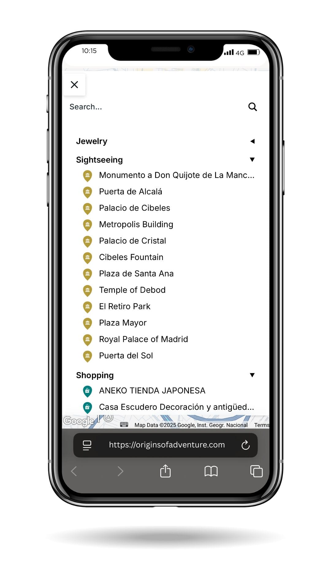 Toggle filters for food, sights, lodging, and more on a travel map