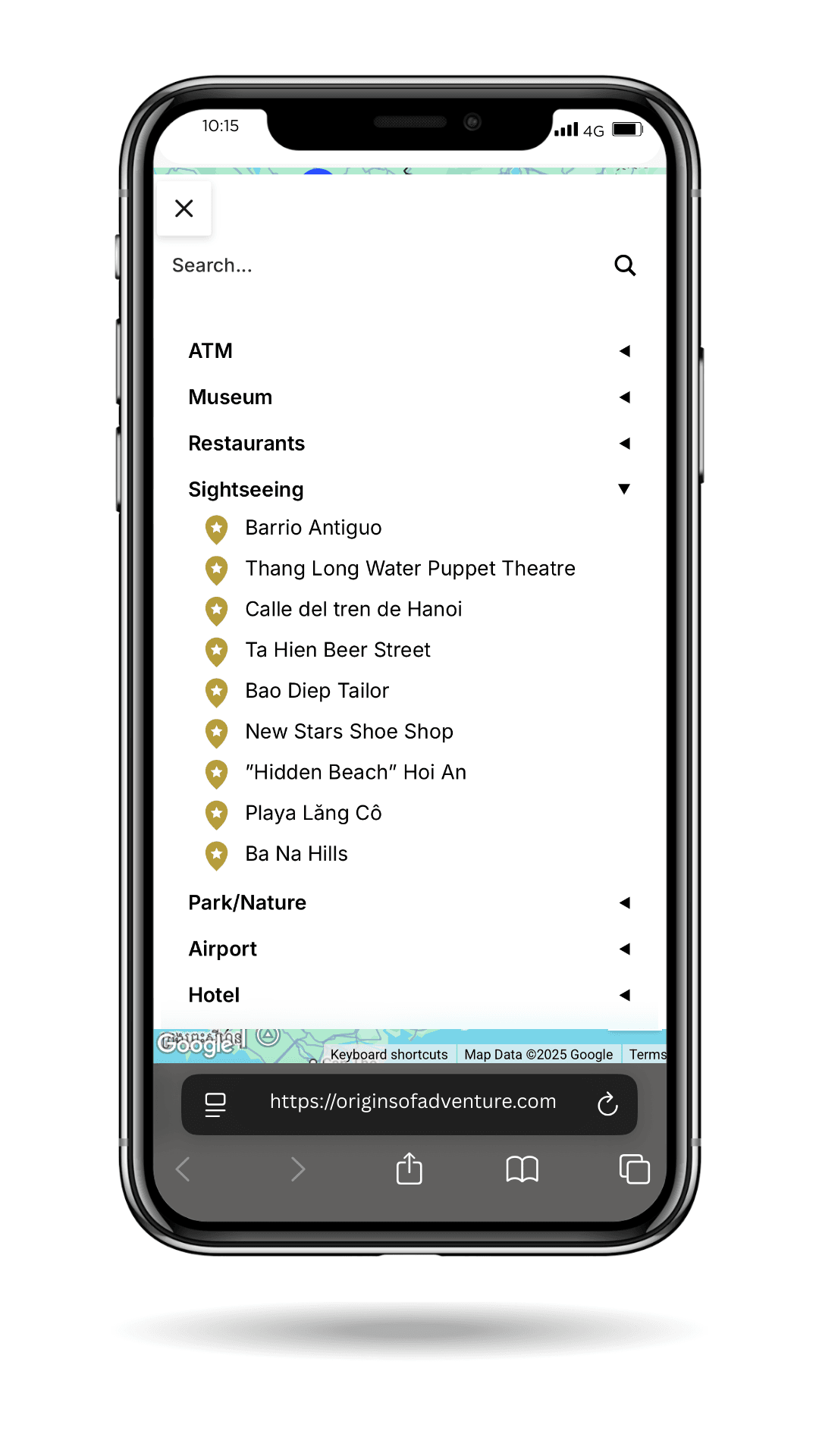 Mobile screenshot of a personalized travel map filter showing organized points of interest by category in a custom itinerary map